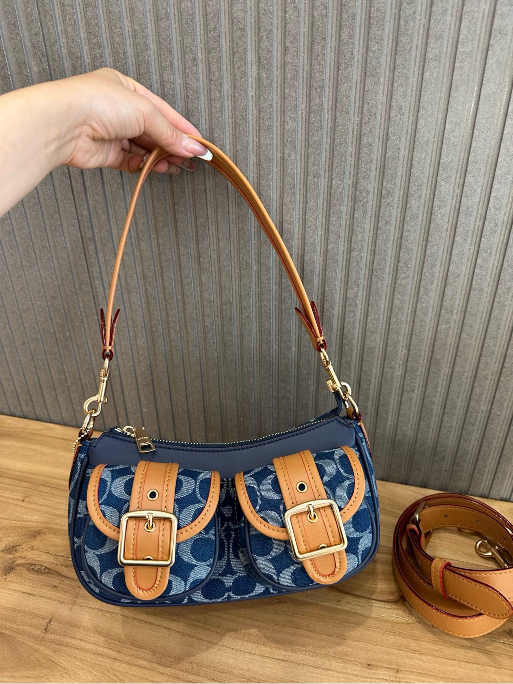 Coach Blue Signature Jacquard Shoulder Bag With Tan Trim